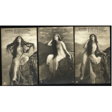 Woman with long hair 3 antique postcards poem