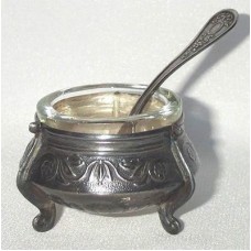 Vintage Russian Nickel Silver Open Salt and Little Spoon