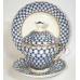 22K Gold Cobalt Net Cup with Lid, Saucer and Plate Russian Imperial Lomonosov Po