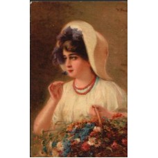 Woman with Flowers Russian Antique Postcard