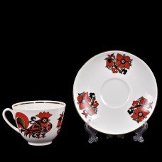 Lomonosov Tea Cup and Saucer Red Rooster