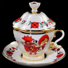 Covered Cup and Saucer Red Rooster