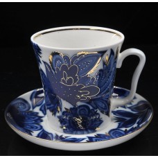 Cobalt Gold Mug and Saucer Birds Lomonosov porcelain