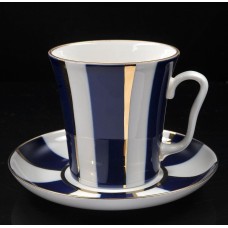 22K Gold Cobalt Stripes Mug and Saucer Russian Imperial Lomonosov Porcelain