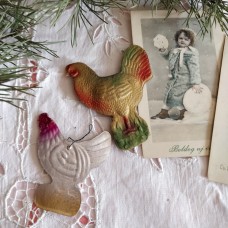 2 Hens Antique Dresden (Cardboard ) Christmas Ornaments Made in USSR 1940s