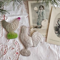 Hen and Cockerel Antique Dresden Christmas Ornaments Made in USSR 1950s Hen and Cockerel Antique Dresden Christmas Ornaments Made in USSR 1950s