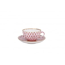 22K Gold Pink Net Tea Cup and Saucer Russian Imperial Lomonosov porcelain
