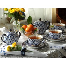 22K Gold Cobalt Net tea Set 6/20 Imperial Lomonosov Porcelain