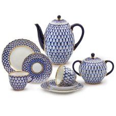 22K Gold Cobalt Net Coffee Set 6/20 Imperial Lomonosov Porcelain
