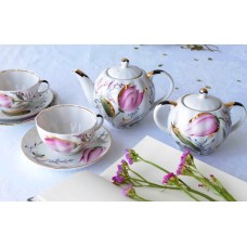 22K Gold Enamel Painting Tea Set Pink Tulips 6/14 Imperial Lomonosov Porcelain