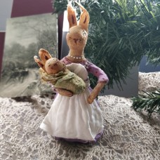 Rabbit Mother & Child Unique Russian Christmas Spun-Cotton Ornament