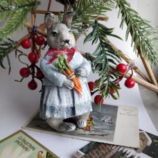 Cute Bunny Mom with Carrots Unique Russian Christmas Spun-Cotton Ornament