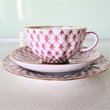Pink and Gold Net Teacup with saucer and plate Lomonosov porcelain