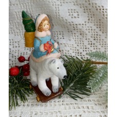 Little Girl Riding Polar Bear Vintage Style Russian Christmas Spun-Cotton Ornam
