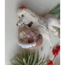 Poodle with Puppies Antique style Christmas Spun-Cotton ornament