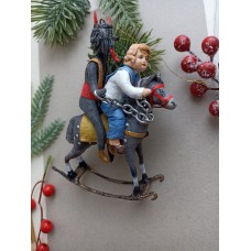 Scary Krampus with Misbehave Boy on rocking horse Rare Unique Spun Cotton Christ