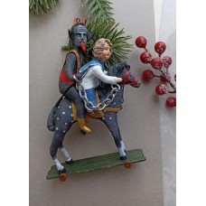 Devil Scary Krampus with Misbehave Boy on toy horse Unique Christmas Ornament
