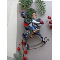 Devil Scary Krampus with Misbehave Boy on toy horse Unique Christmas Ornament