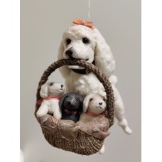 Poodle with Puppies Antique style Christmas Spun-Cotton ornament