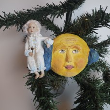 Angel on Cloudy Moon Antique style Spun-cotton ornament