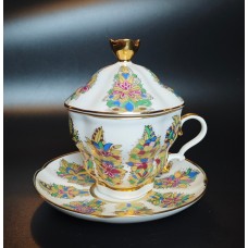 Fantastic Flowers Covered Cup with Lid and Saucer Lomonosov Imperial porcelain