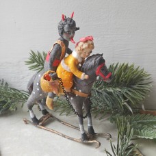 Devil • Scary Krampus with Misbehave Girl on rocking horse • Antique style • Spun-Cotton • Christmas ornament