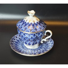 Covered Cobalt cup with lid and saucer Lomonosov porcelain, LFZ