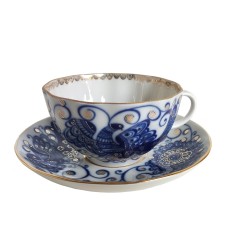 Russian Lomonosov Cobalt Cup and Saucer Czarina Bird