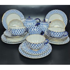 Vintage Cobalt Net Tea Set 6/20 Lomonosov Porcelain, LFZ