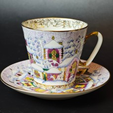 Vintage Bone China • Cup and Saucer Winter Day • Lomonosov Vorobyevsky