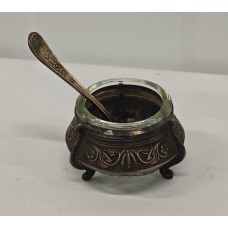 Vintage Russian Nickel Silver Open Salt and Little Spoon