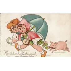 Children with PIGLET Old Postcard