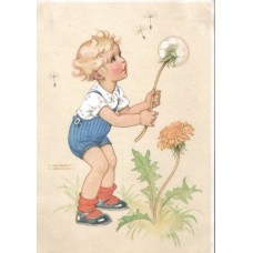 Boy with Dandelions Vintage Postcard