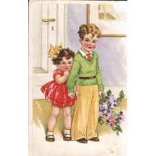 Children with Lilac Vintage Postcard