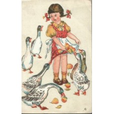 Girl and Geese Vintage Postcard