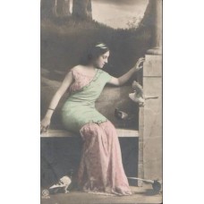 Woman with PIGEONS Antique Postcard