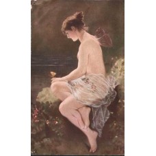 Nude Woman with Butterflies Antique Postcard