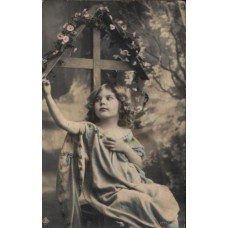 Girl with CROSS Russian Antique Postcard