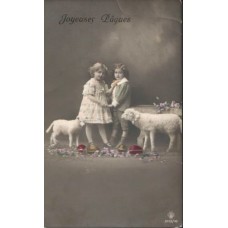 Children with SHEEP-Easter- Antique Postcard