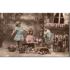 Children with Flowers Antique Postcard