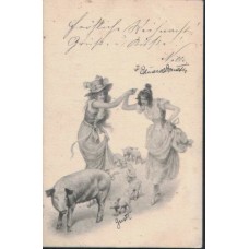 Women with Piglets Antique Postcard