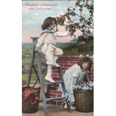 Children Picking Flowers Antique Postcard