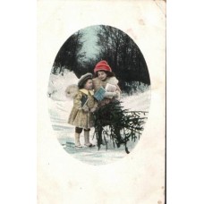 Children with Christmas Tree Antique Postcard