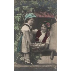 Children with Basket Russian Antique Postcard