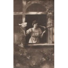 Woman with Birds Russian Antique Postcard