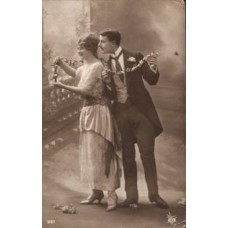 Couple with Garland Mistletoe Antique Postcard