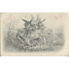 Girls-Bunnies with Easter Eggs Antique Postcard