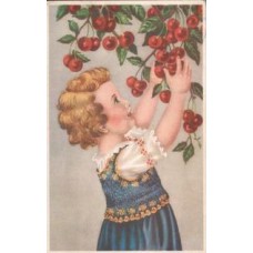Girl with Cherry Russian Vintage Postcard