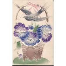 Bird and Basket of Pansy Antique Postcard
