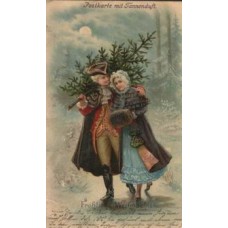 Woman and Man with Christmas Tree Antique Postcard